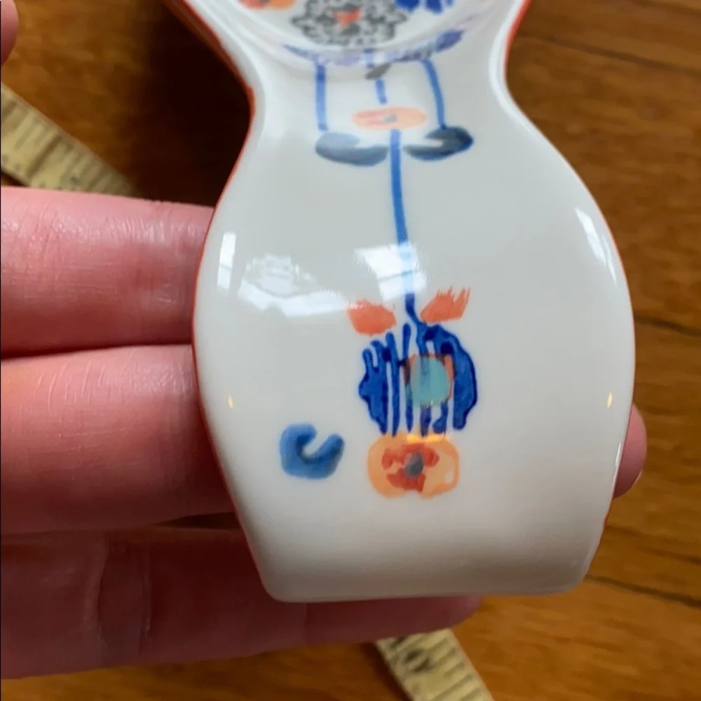 Anthropologie White Ceramic Floral Spoon Rest with Blue and Orange Accents
